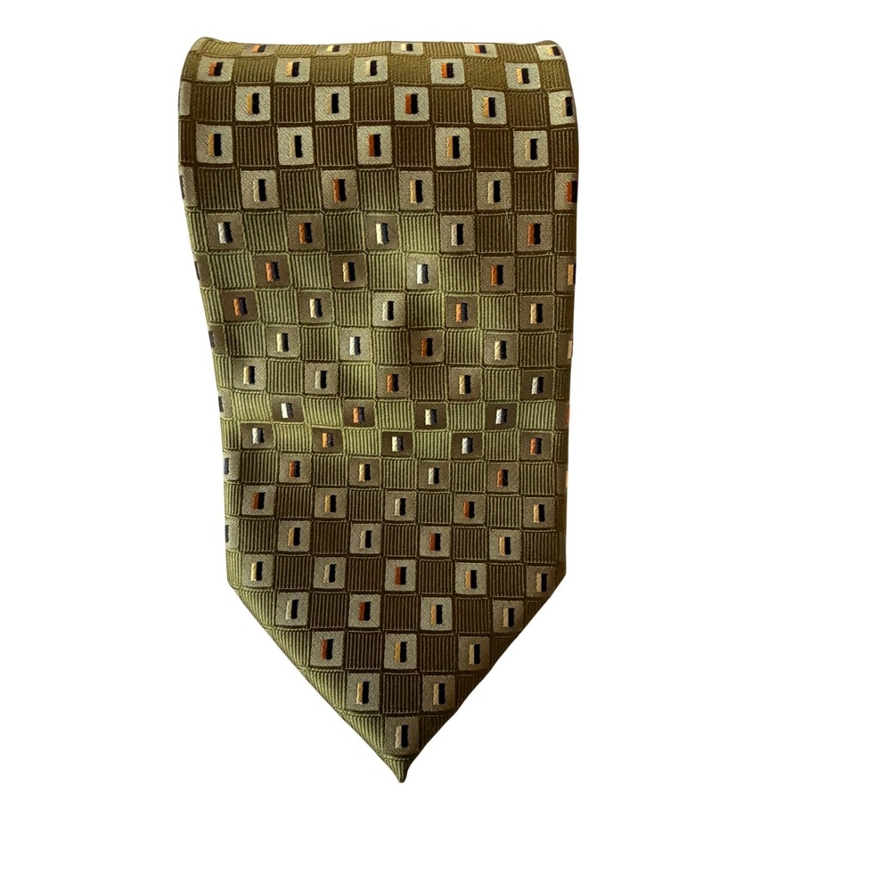 Bergamo New York Necktie OS Olive‎ Green Geometric Square Woven Polyester Wide